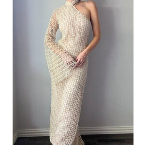 Sandra Mansour Cream Crochet Net One Shoulder Asymmetric Maxi Dress